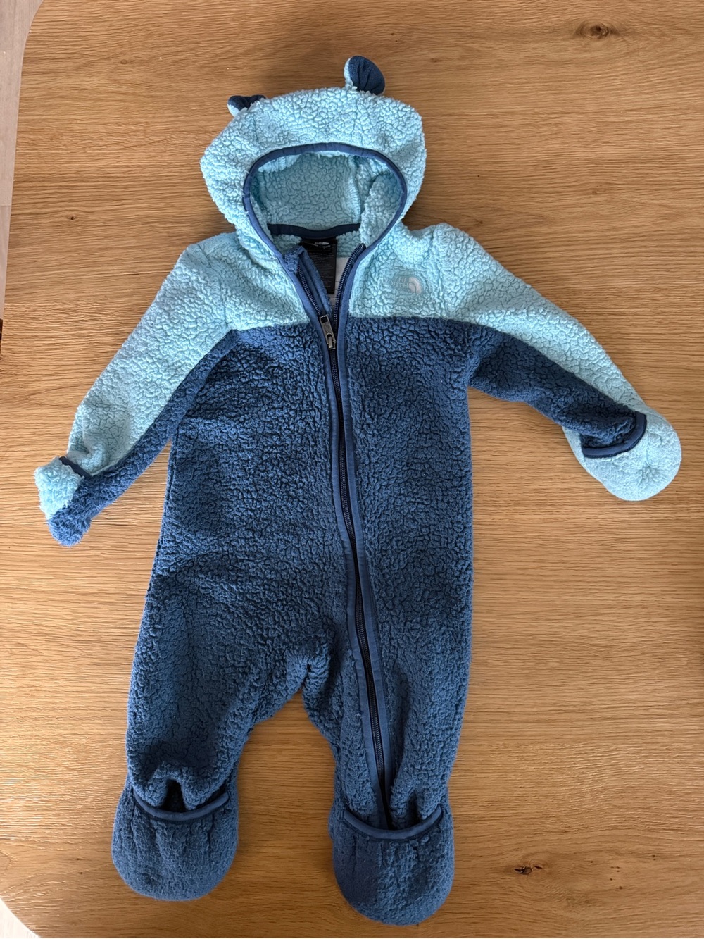 North face Plush Fleece Baby One-Piece in Light Blue and Navy 6-12 months